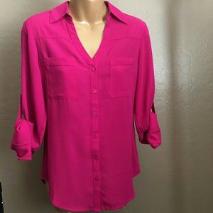 Fushia v neck blouse with rollable sleeves